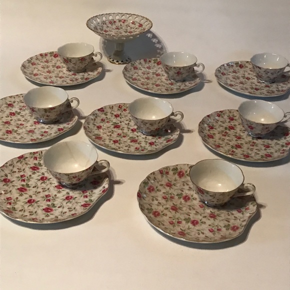 7 vintage Lefton  Rose Chintz snack sets + compote - Picture 2 of 8